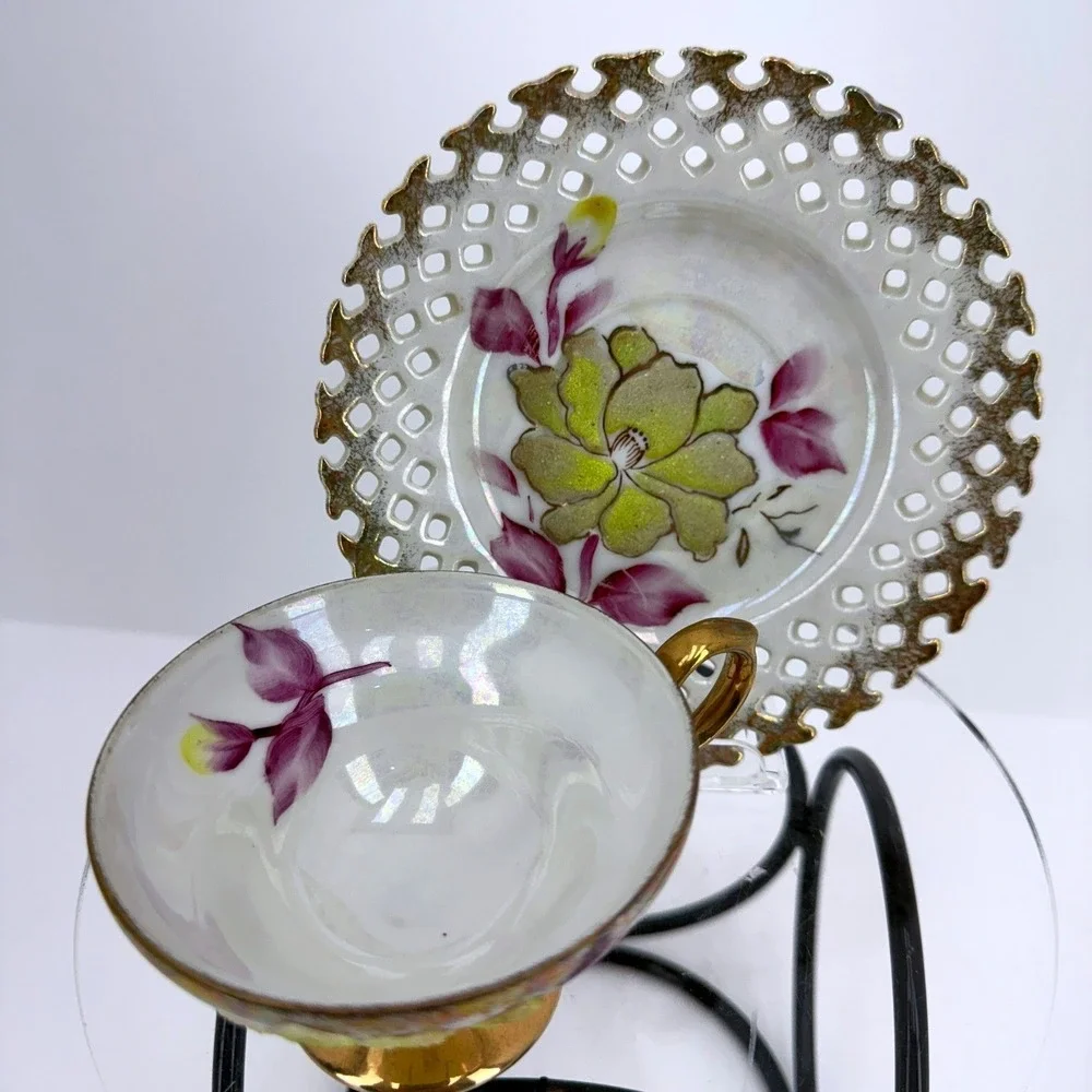 Vintage Japan Sterling‎ China Iridescent Floral Textured Pansy Teacup & Saucer